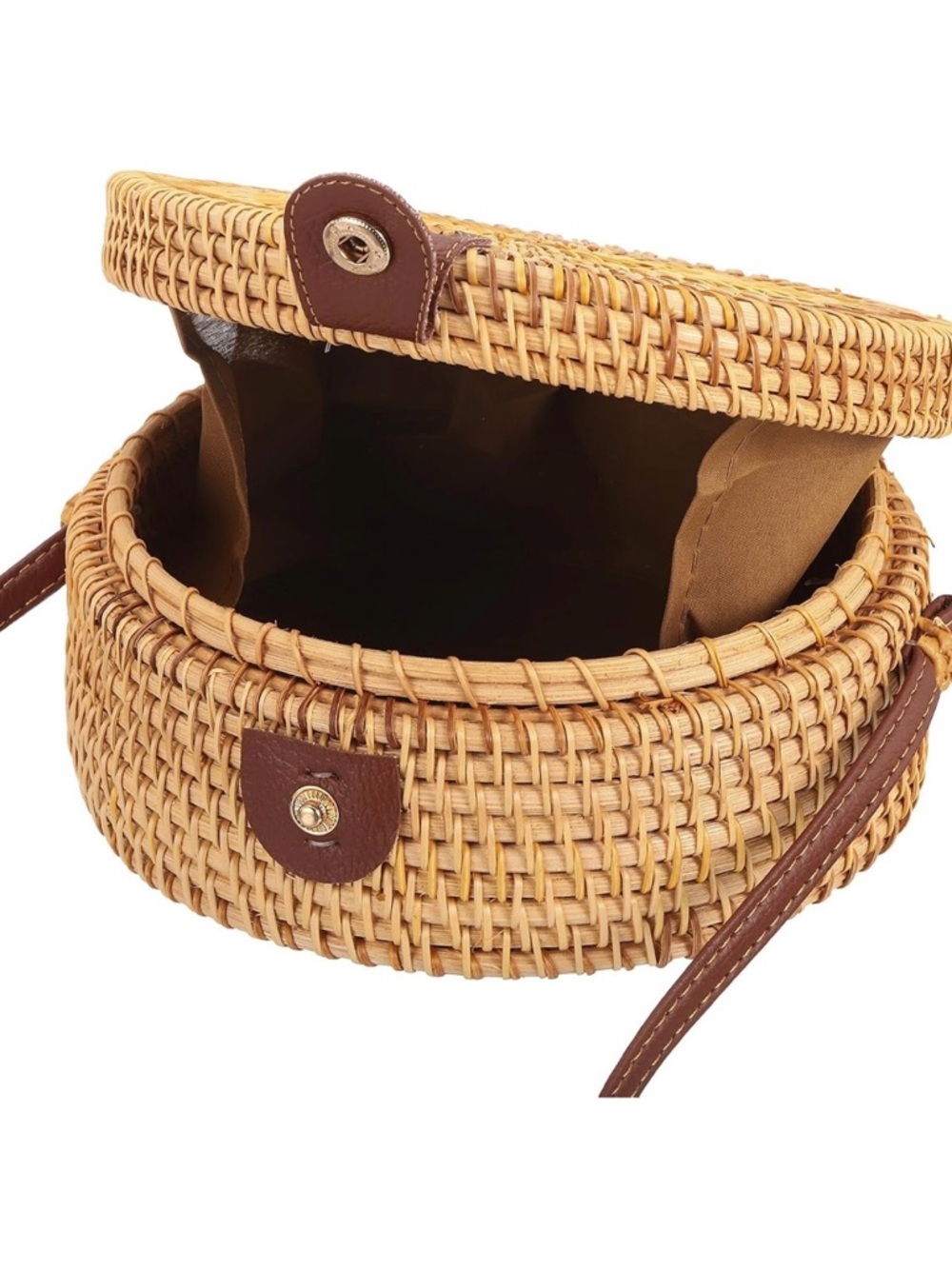 Woven Round Straw Crossbody Bag with Brown Trim - Picture 3 of 8